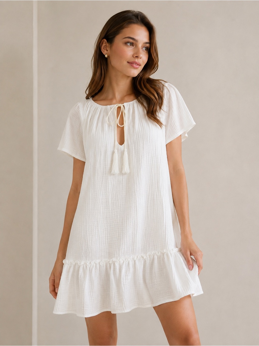 If By Sea White Cotton Gauze Tassel Mini Boho Cottage core US S